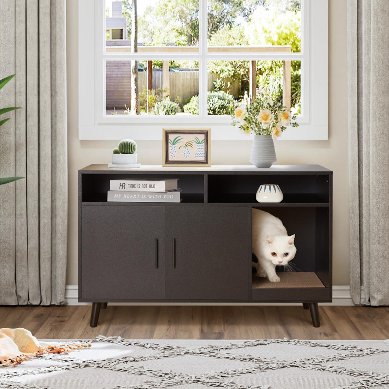 Meuble caché pour litière pour chat, litière pour chat avec portes doubles et 2 compartiments de rangement pour la chambre à coucher et le salon