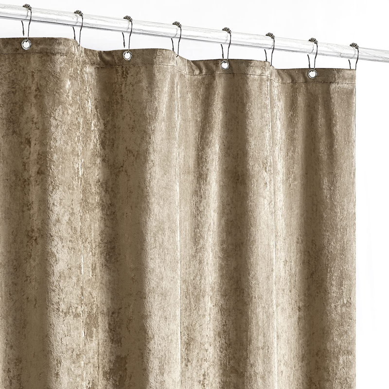 Khaki Distressed Velvet Shower Curtain with Silver Hooks