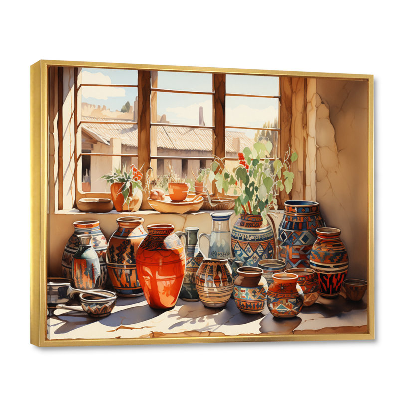 Art amérindien Pueblo Pottery I - Art mural amérindien, H 24 po x l 32 po x P 1 po, Cadre flottant doré