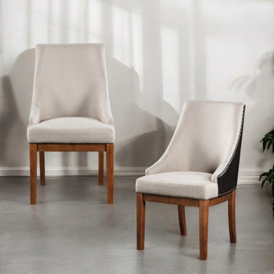 Brown Side Chair Of 2 With Fabric And Synthetic Leather, 2-Tone Upholstered, Nailhead Trim, 18" Seat Width, 21" Height, 220Lbs Weight Capacity Per Seat, 17" Back Height Leather Upholstered Chairs 19"