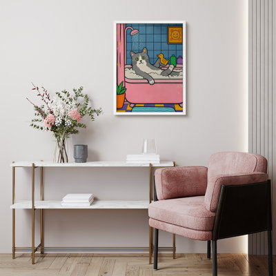 Cute Cat Bath Framed Wall Art Prints - Cartoon cat in bathtub, for bathroom