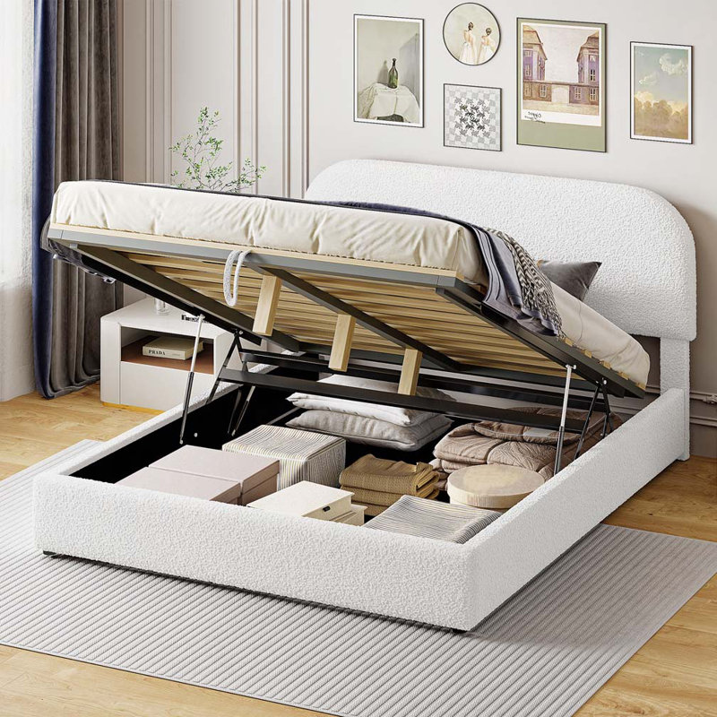 Lit rembourré Teddy avec rangement relevable, Blanc, Grand lit