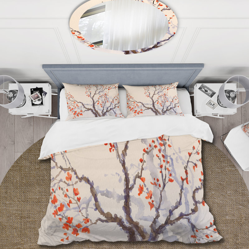 Ensemble de housse de couette fleurs rouges et bourgeons rouges sur le printemps