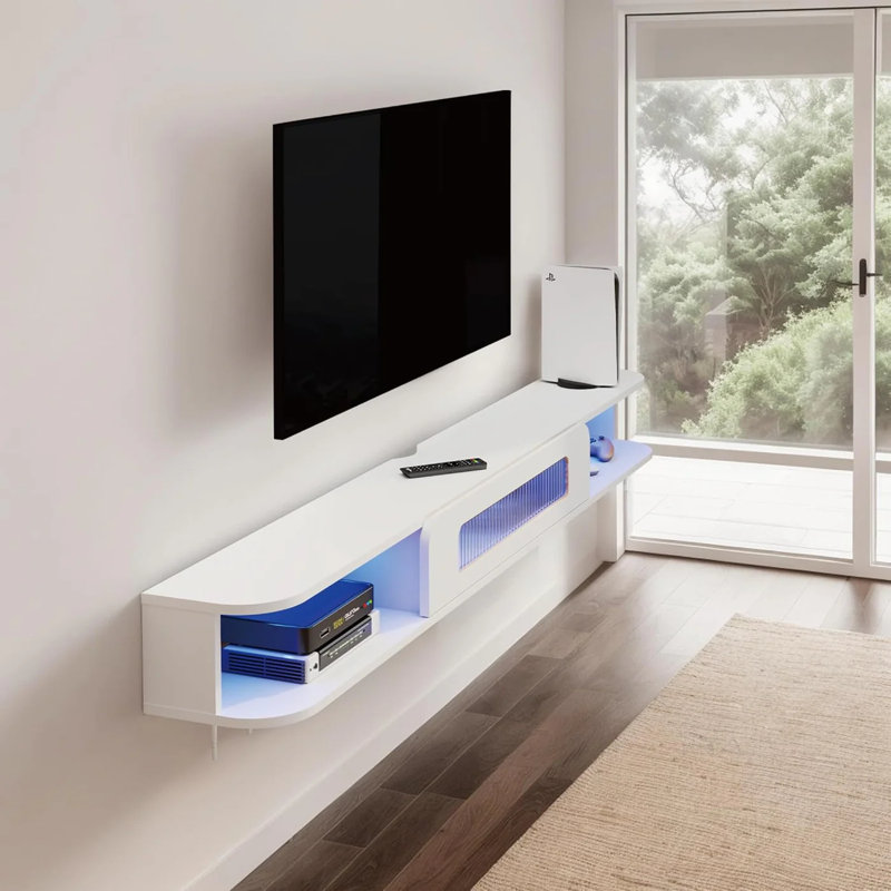 47.63" Slim Floating TV Stand with LED Lights and Glass Door – Modern White Wall Mounted Media Console for Up to 50" TVs