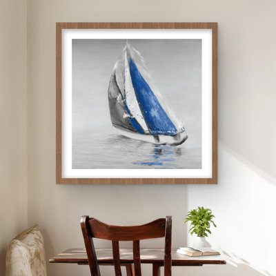 «Gray and Blue Boat Sailing - Sea Coastal», reproduction d'art encadrée