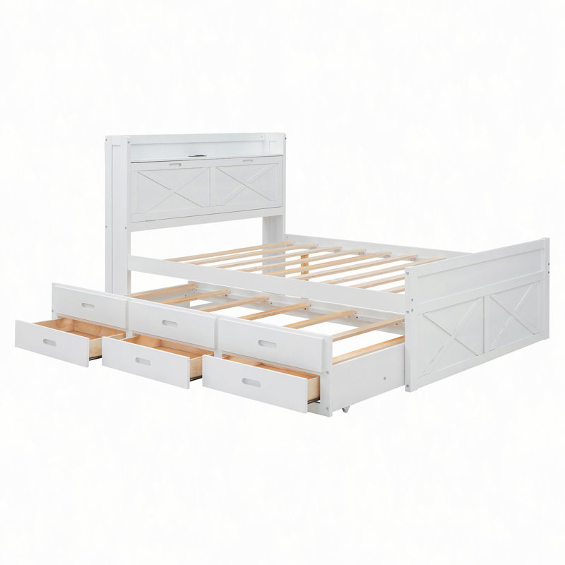 Lit en bois avec tête de lit avec prises de courant, lit extensible avec lit gigogne et trois tiroirs de rangement, Full