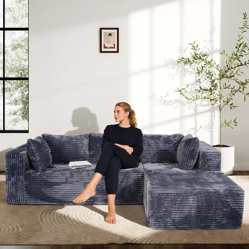 Canapé modulaire luxueux en velours côtelé de luxe avec assise profonde, Gris, Face à la droite