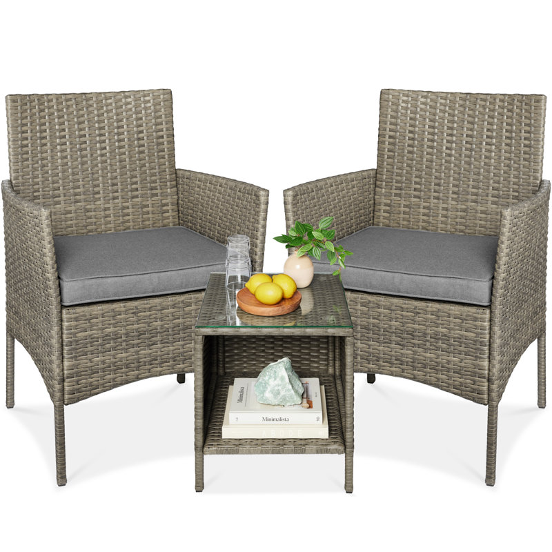  3-Piece Outdoor Wicker Conversation Patio Bistro Set, W/ 2 Chairs, Table - Taupe/Desert, Taupe, Desert