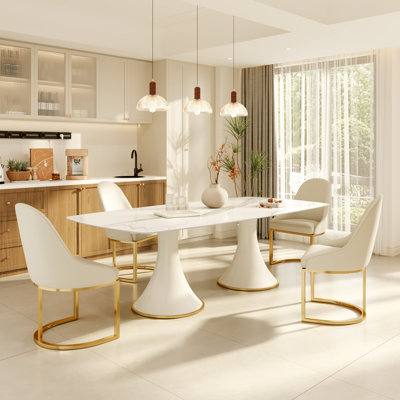Modern 86.6"/93.7" Sintered Stone Dining Table With Double White And Gold Solid Wood Pedestal Base Kitchen Dining Room For 6 To 10