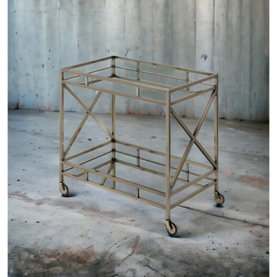 Antique Gold Metal Serving Cart Featuring Mirrored Top And Open Storage Shelf With Surface Gold, Bottom