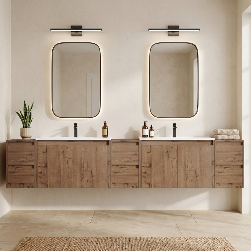 Meuble-lavabo double 96 po avec lavabo en céramique et conception sans poignée, Bois naturel, 96"