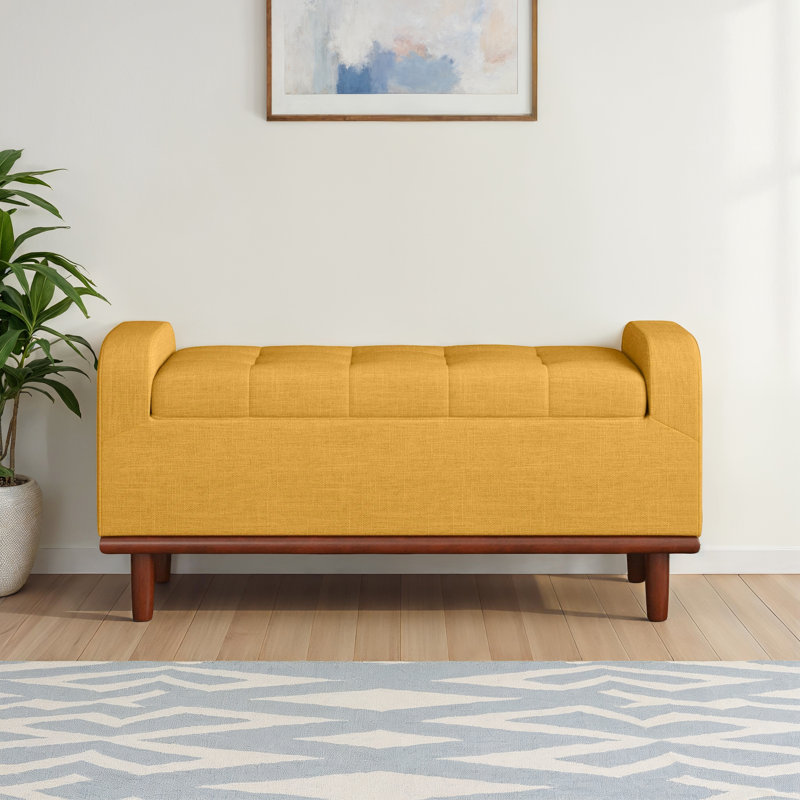 Banc de rangement rembourré avec pieds en bois massif L 46,2 po Luker, Moutarde