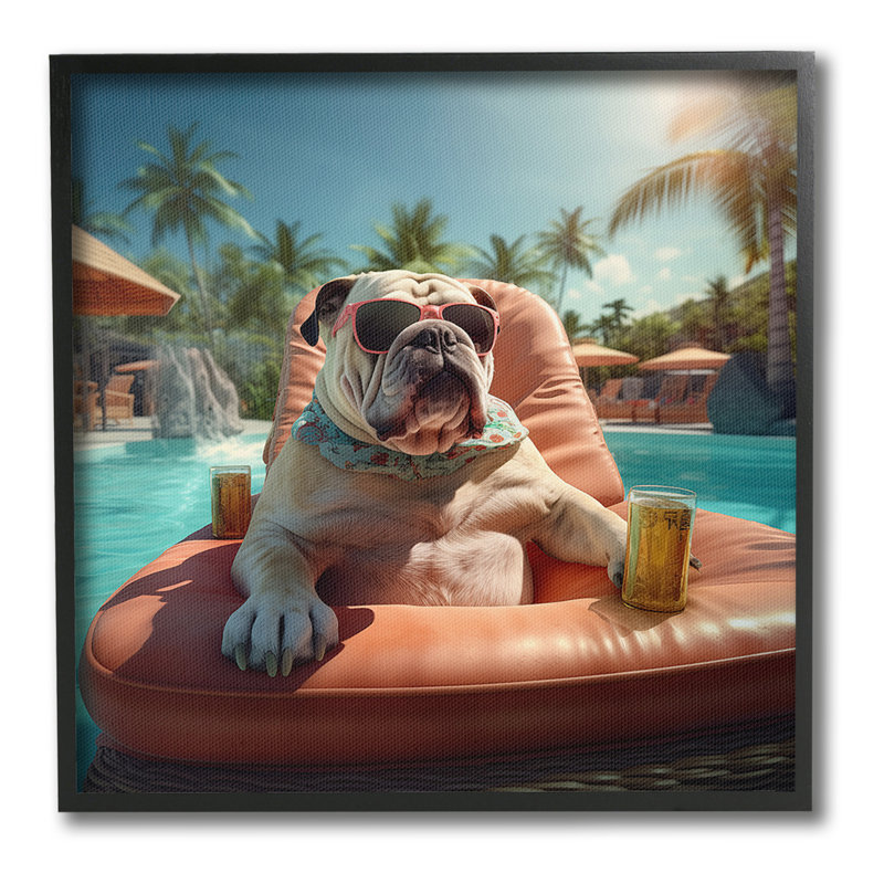 «Bulldog in Resort Pool», estampe numérique par Jim Baldwin, Giclée encadrée noir minuit, H 17 po x l 17 po