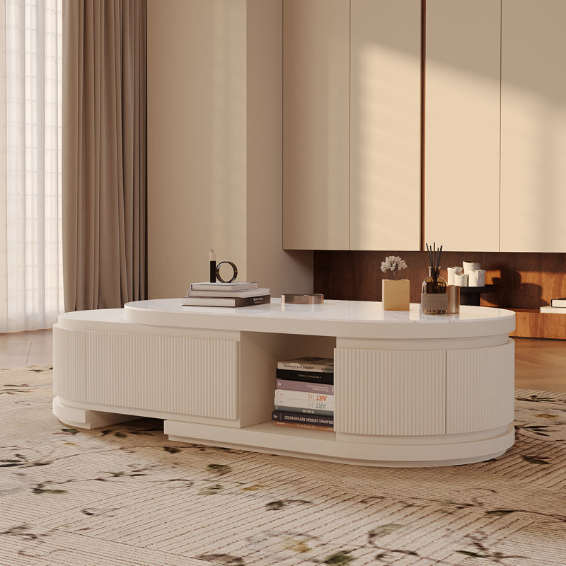 Table basse extensible blanche moderne avec rangement - Table de salon ovale luxueuse et légère (forme étirée / contractée de 47,24 po à 61 po)