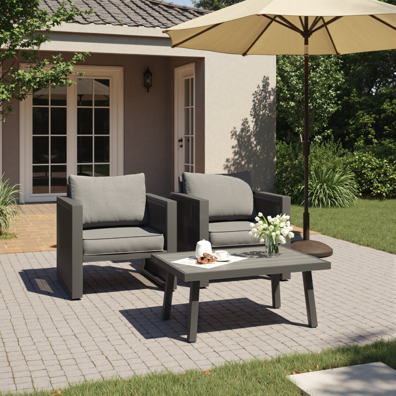 2-Person Aluminum Patio Conversation Set With Cushions, Gray Cushion/Black Frame
