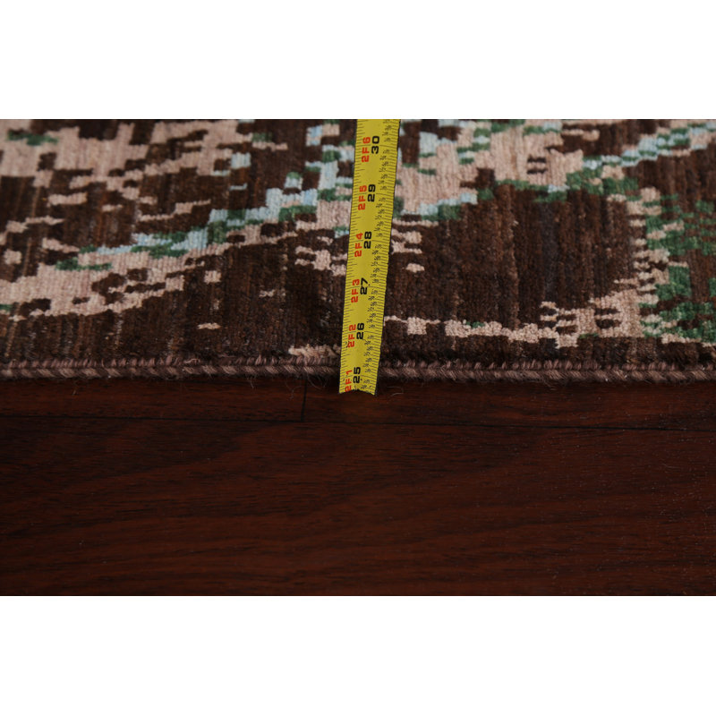 Tapis de couloir unique brun / vert / blanc nouvel âge en laine noué à la main de 2 pi 6 po x 10 pi 1 po Jovienne