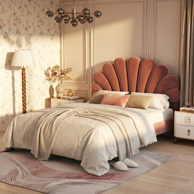 Upholstered Platform Bed，Flower Pattern Velvet Headboard，No Spring Box Needing