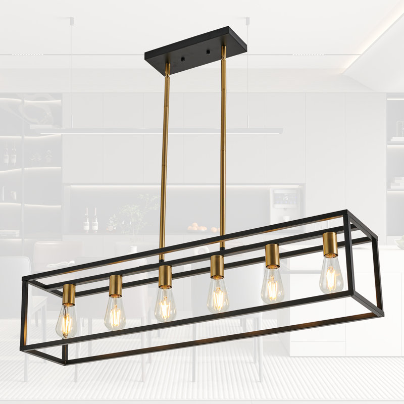 Luminaire suspendu linéaire 6 lumières Rast, Noir mat / laiton brossé