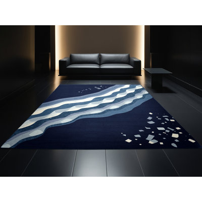 Machine Washable Orlena Global Inspired Block Print Rug in Blue – Navy Binding