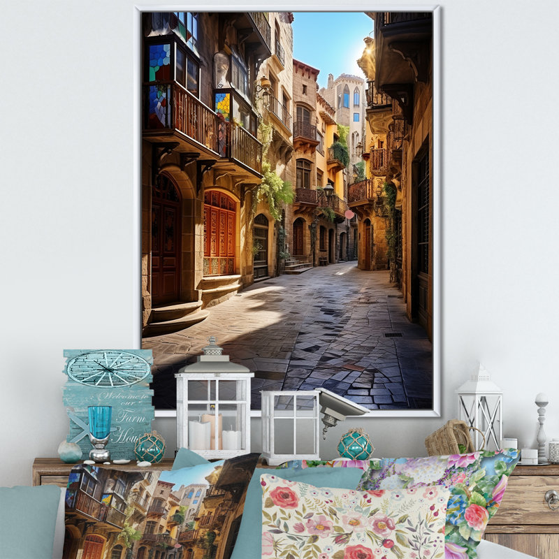 Espagne, quartier gothique de Barcelone, art mural sur toile Cityscapes, H 44 po x l 34 po x P 1,5 po, Cadre flottant blanc