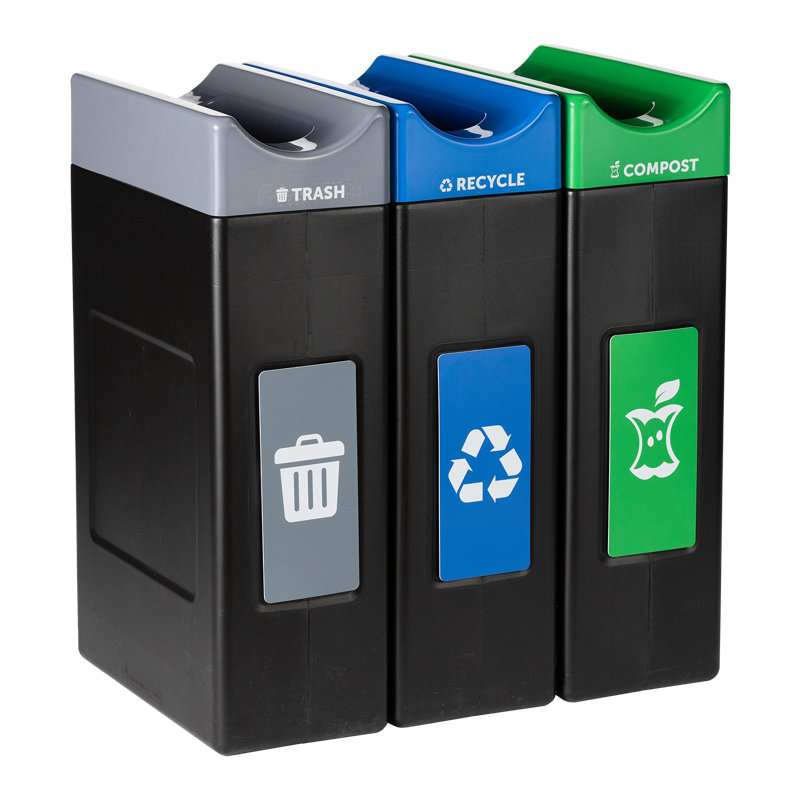 Centre de poubelle, de recyclage et de compost à 3 jets Commercial Zone Avante, unités ouvertes de 3 à 30 gallons, doublures incluses
