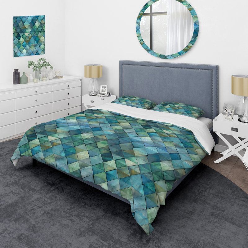 Ensemble de housse de couette Blue Green Modern Geo II - Tiles, Housse de couette pour grand lit et 2 taies décor