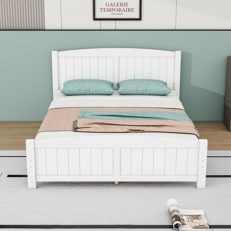 Lit plateforme en bois avec tête de lit et pieds de soutien, Blanc, Double