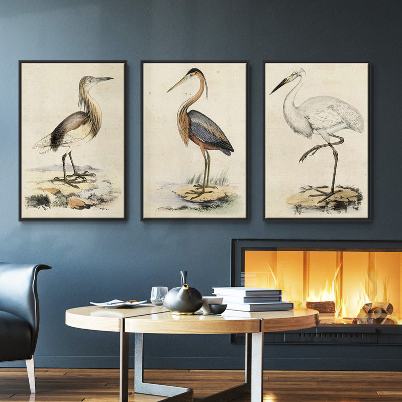 Antique Heron I, ensemble de 3 toiles encadrées sur toile, H 36 po x l 72 po, Noir