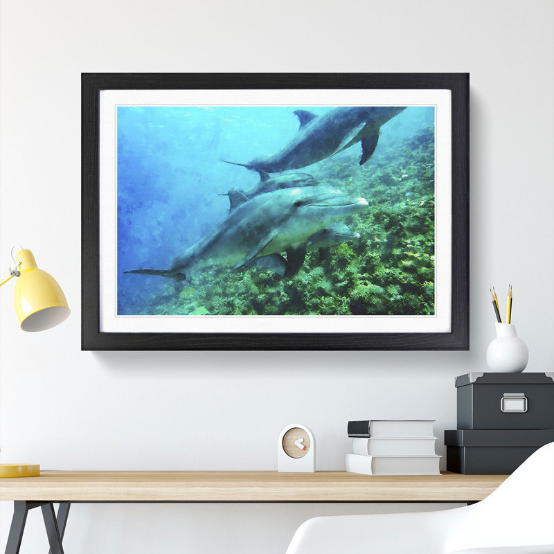 Dolphins - Picture Frame Painting, 36cm H x 48cm W x 2cm D, Black Framed