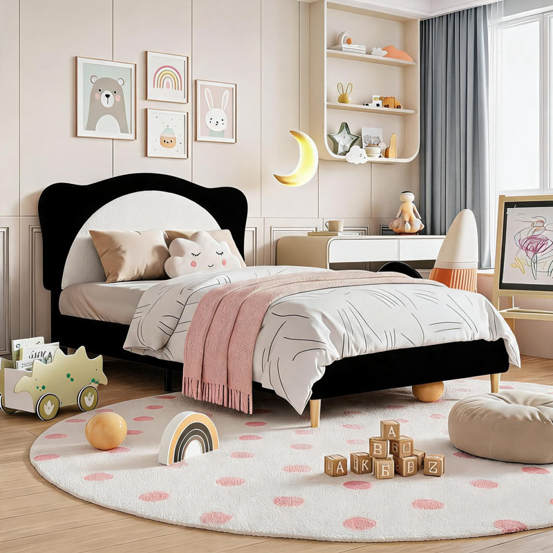 Twin Upholstered Bed Frame for Kids, Black+White