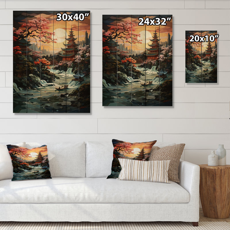 Art asiatique, paysage de palais de jade, impression sur bois naturel, H 40 po x l 30 po x P 0,78 po