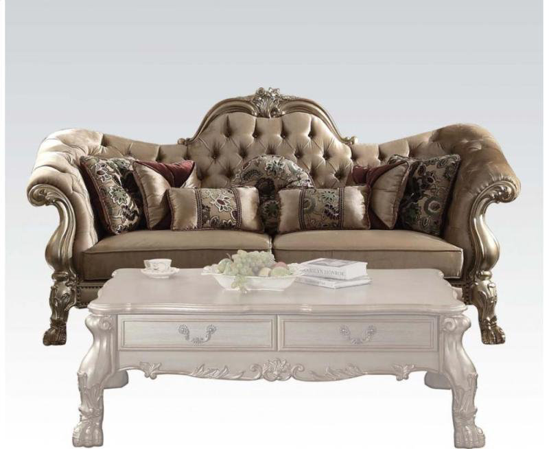 Caruthers Transitional 73"L Rolled Armest Loveseat with 5 Pillows in Bone & Gold Patina, Bone Leather, Gold