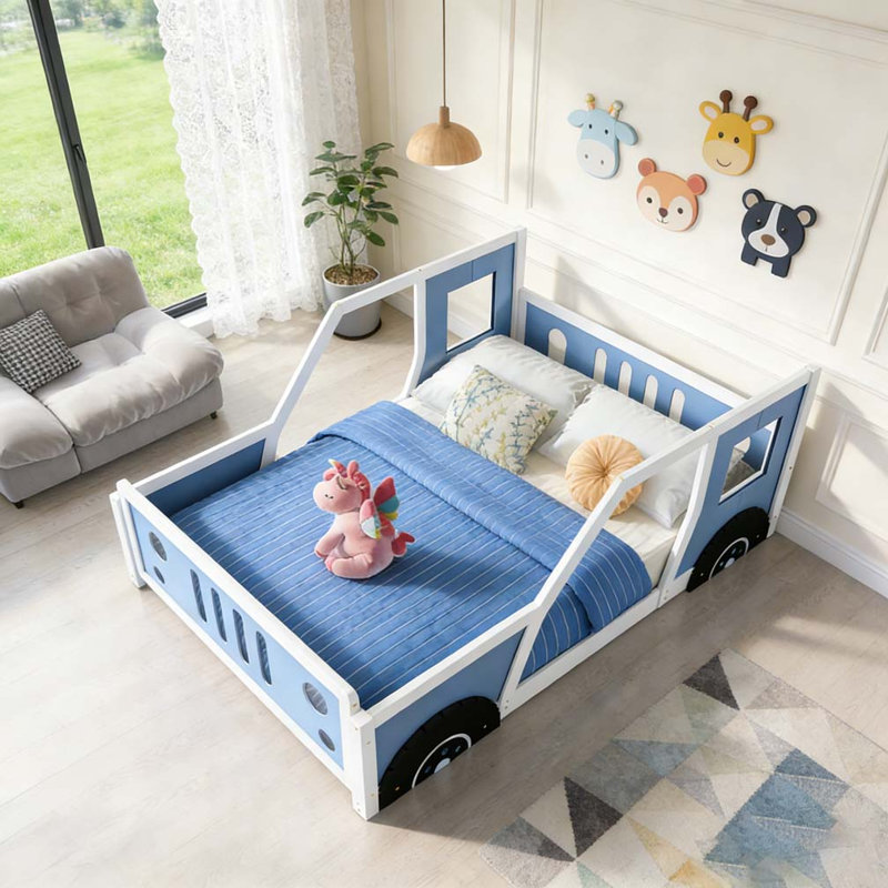 Full Size Classic Car-Shaped Platform Bed with Wheels, Blue