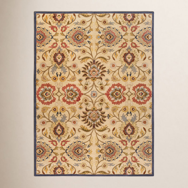 Tapis ivoire / denim / rouge en laine touffeté à la main Arden, Rectangle de 6 pi x 9 pi
