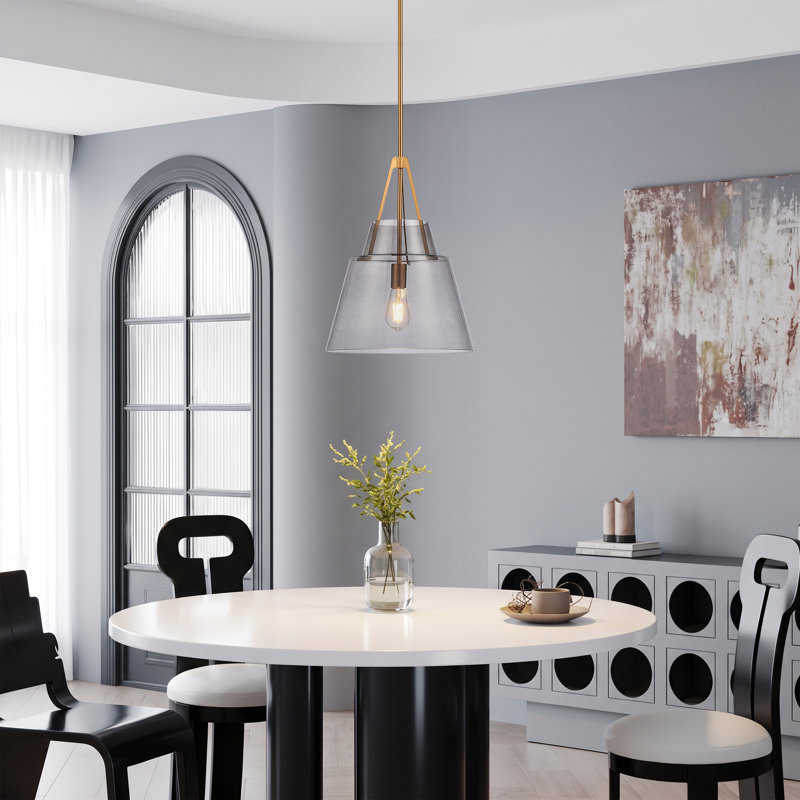Suspension simple en laiton brossé et verre fumé, avec abat-jour conique gris et tige de suspension réglable., Gray