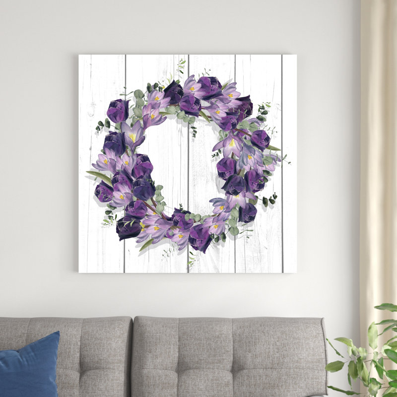 «Purple Tulip Wreath I» par Jennifer Paxton Parker - peinture sur toile tendue, H 36 po x l 36 po