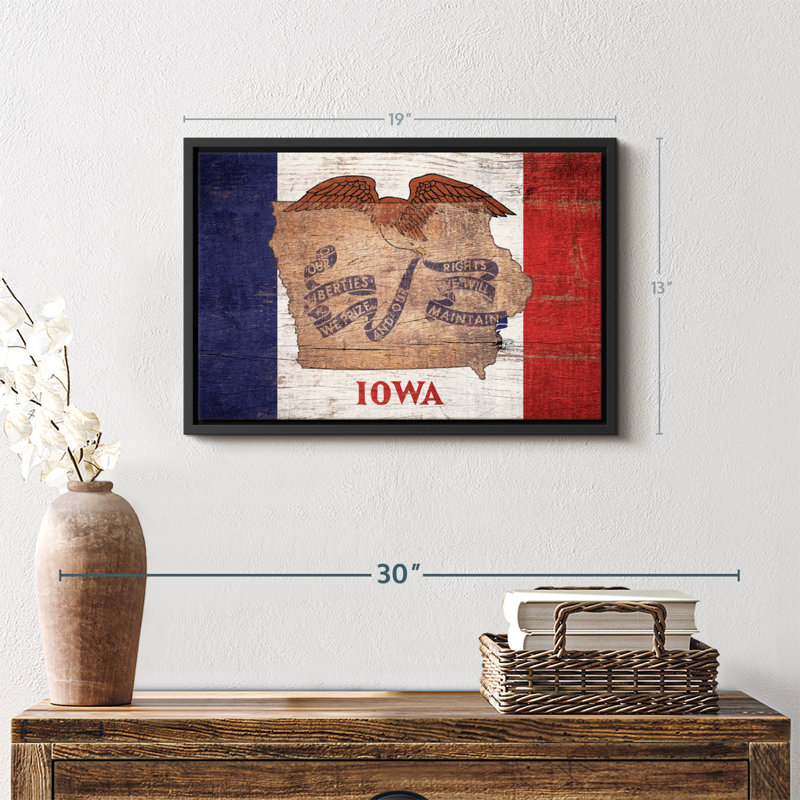 «State Map Over Iowa Flag Wall Art», H 13 po x l 19 po