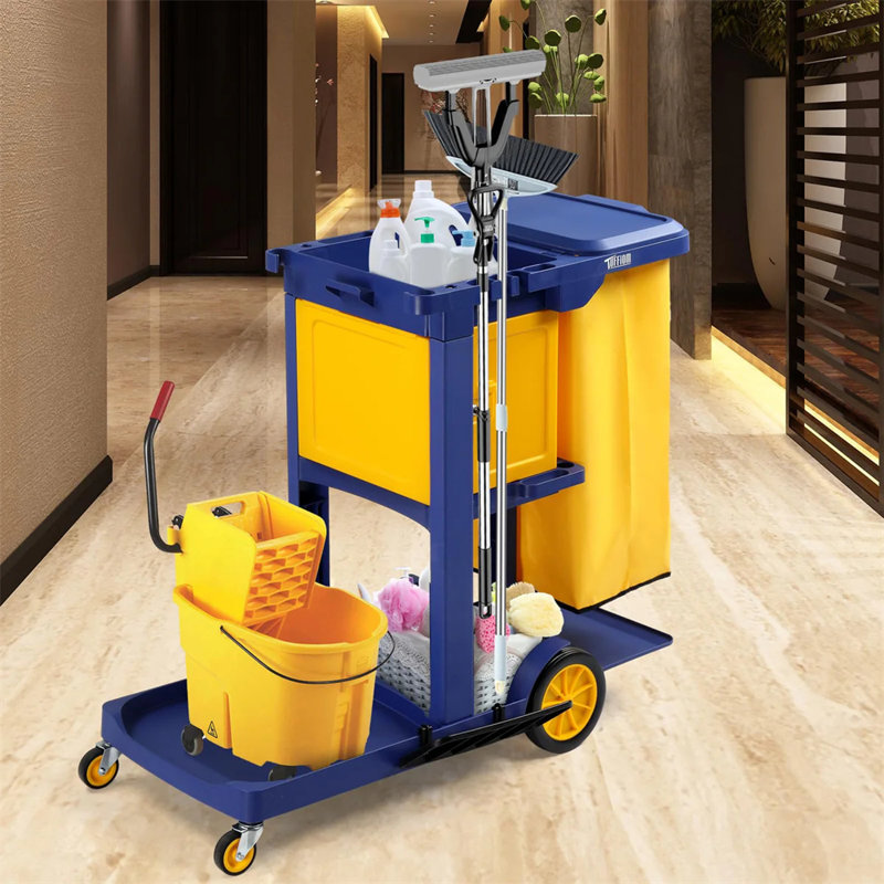 Chariot de conciergerie à 3 niveaux avec capacité de 500 lb avec casier et sac de 15 gallons , Bleu
