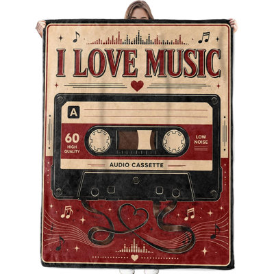 Couverture musicale rétro en flanelle avec motif de cassettes audio, 101,6 x 127 cm
