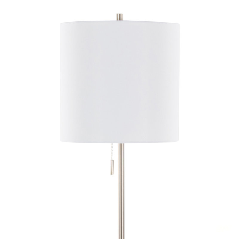 Lampe sur pied contemporaine en métal avec finition nickel brossé et abat-jour tambour en lin blanc Cone, Nickel brossé