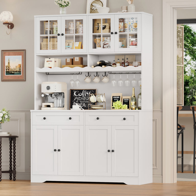 Dayal 75.4"H Modern Kitchen Pantry Cabinet with Charge Station, Large Food Pantry with Microwave Shelf & Wine Storage, Removable Goblet Holder