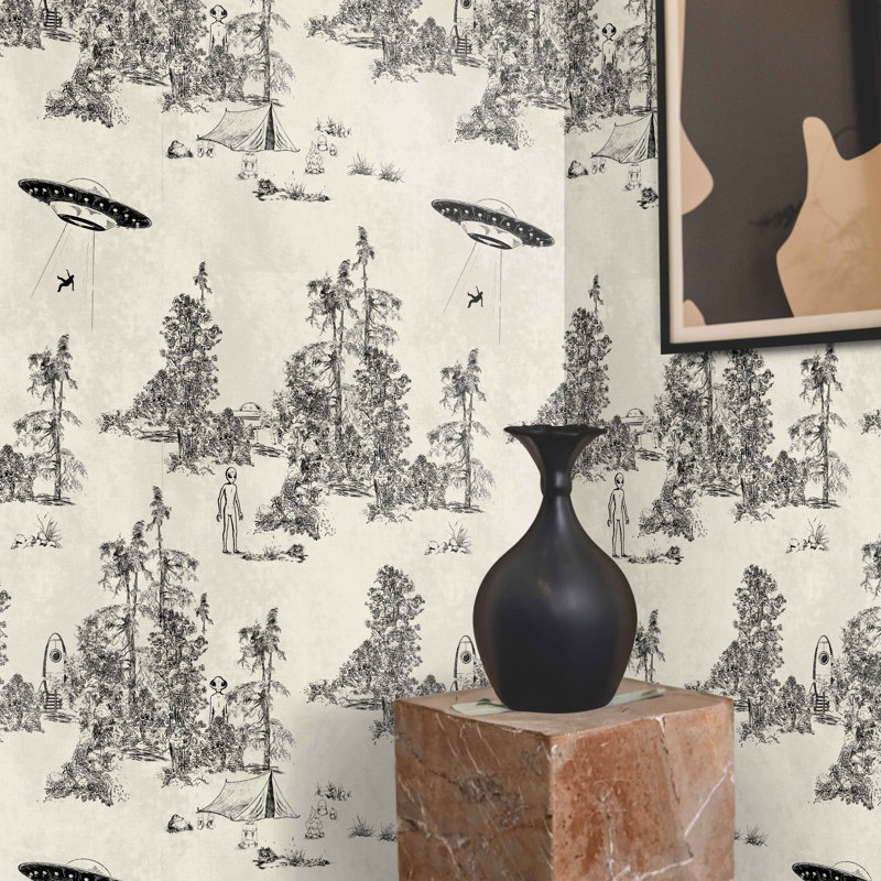 Alien Abduction Toile de Jouy Wallpaper in Black, White/Black