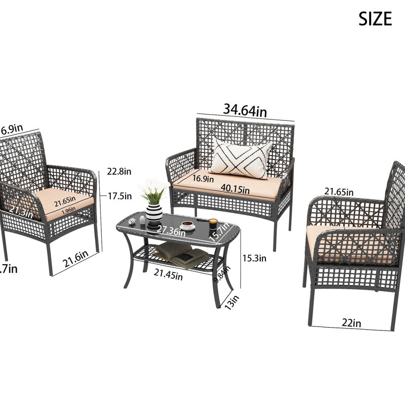 4 pièces de patio extérieur - PE avec coussins et table en verre trempé pour l'utilisation de la pelouse, Beige