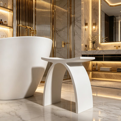 Premium 16.5" Modern Arched Solid Surface Freestanding Shower Stool, 100% Waterproof Spa Bath Bench