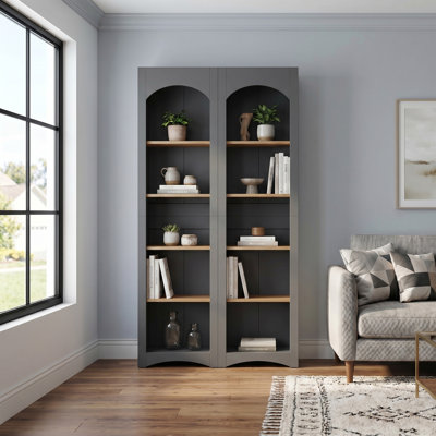 Farmhouse Accent Cabinet Fits Living Room Home Office Use with Curved Panel Design, Adjustable Open Shelves & 2-Piece Combination Structure