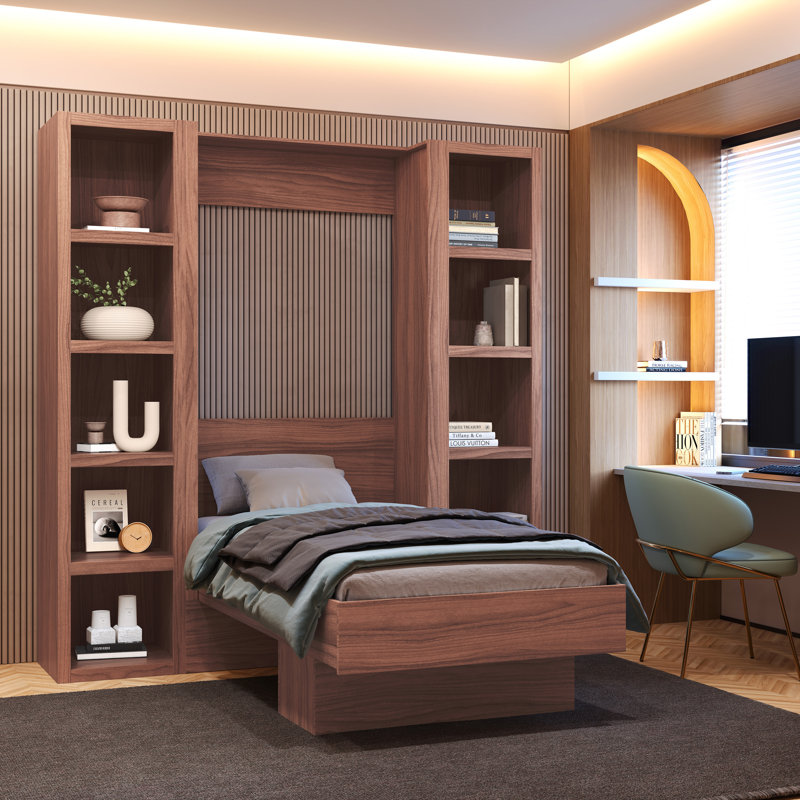 Easy-Lift Murphy Wall Bed in Wood Grain with Two Bookshelves, Brown, Twin