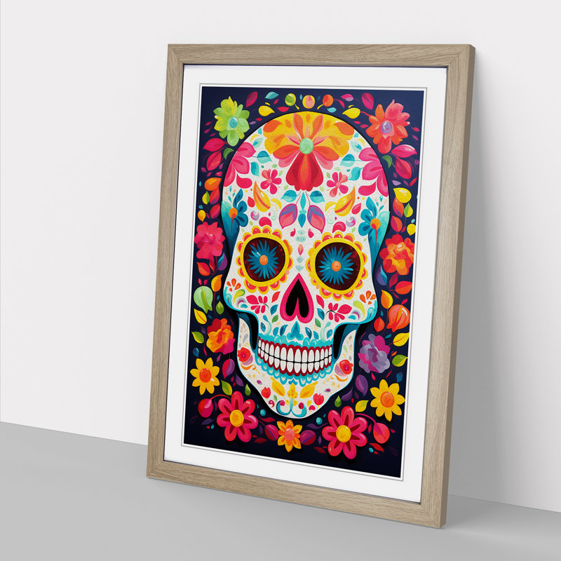 Sugar Skull Colour Field No.3 - Single Picture Frame Print on Wood, 46cm H x 34cm W x 2cm D, Oak