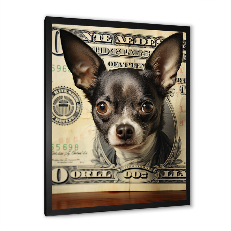 «Little Dog on Dollar Bill» - Impression, H 32 po x l 24 po x P 1 po, Cadre simple noir