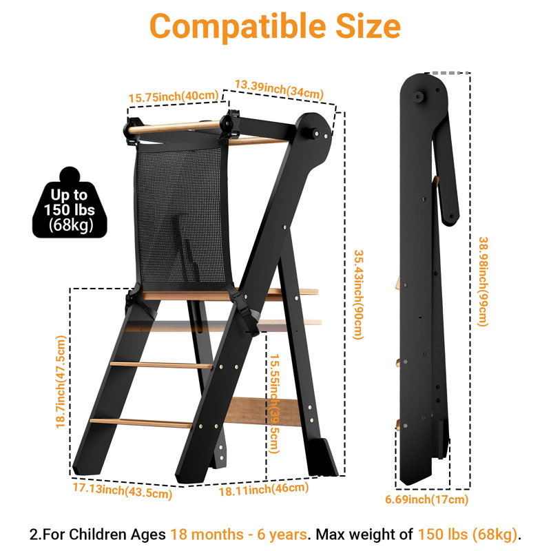 35.4'' Foldable Adjustable Toddler Stool with Safety Rail, Kids Wooden Learning Tower, Black