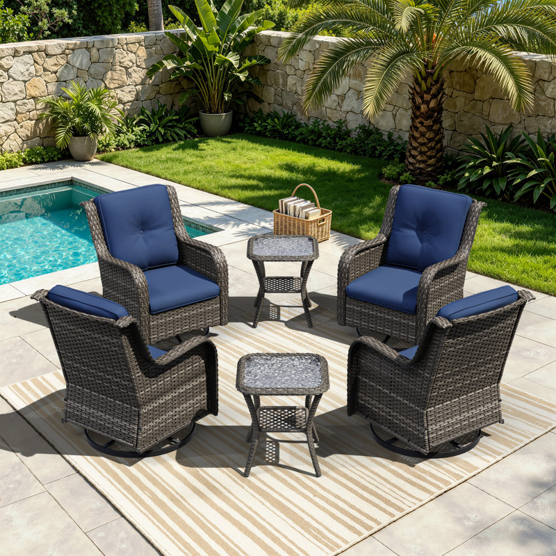 Maude 6-Piece Wicker Swivel Chair Set with Cushions, Blue, Brown